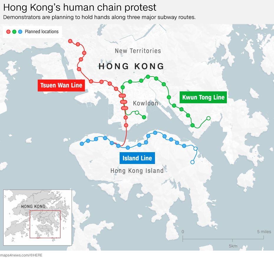 デモ隊は地下鉄３路線に沿って人間の鎖を作ることを計画/map4news.com/HERE