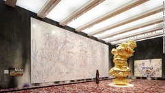 金箔をあしらった高さ４．５メートルの像と、巨大なアクリル画２点