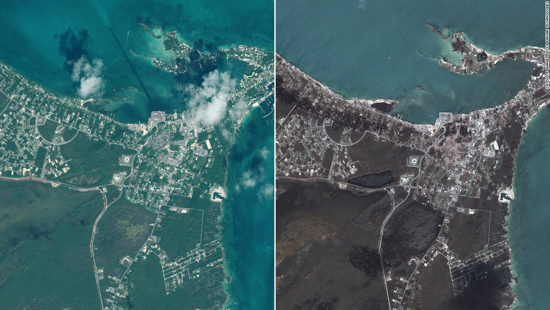 グレートアバコ島中部マーシュハーバーの被災前（左）と被災後の衛星写真/Satellite image ©2019 Maxar Technologies