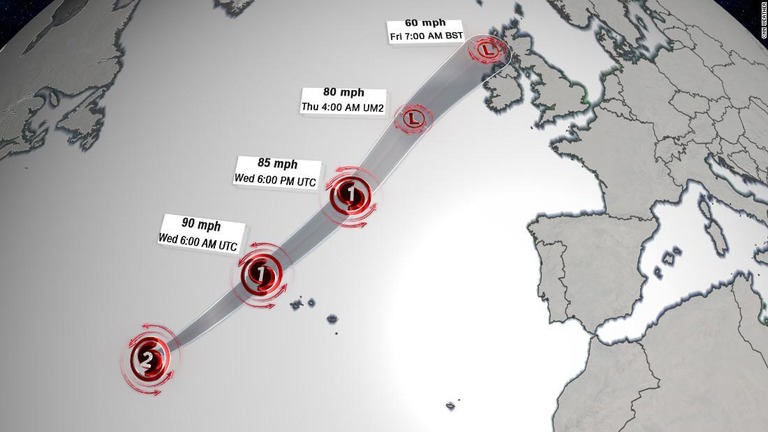 ハリケーン「ロレンツォ」が大西洋から欧州に向かって接近するとみられる/CNN Weather