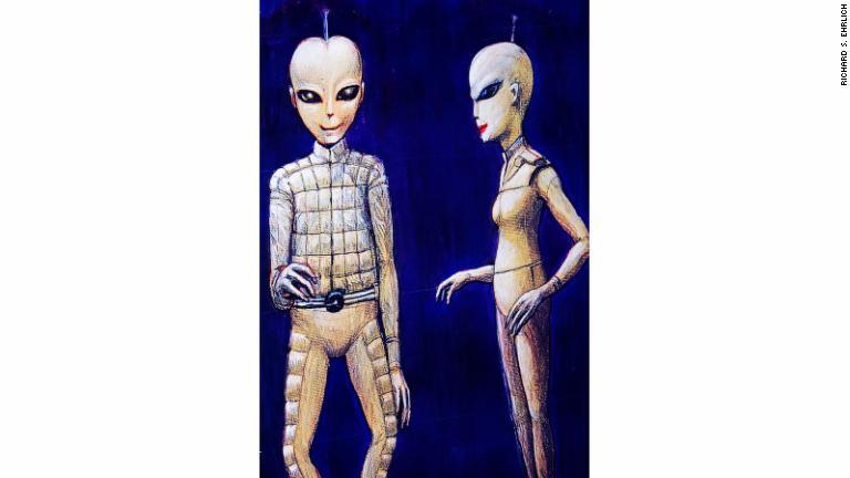 ワッサナさんの家に飾られた宇宙人のイメージ図。２本の腕と２本の脚がある/Richard S. Ehrlich