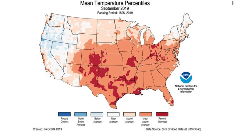 ９月の平均気温は西海岸などの８州を除く全ての州で平年を上回った/NOAA