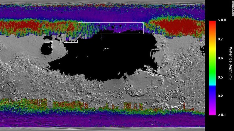火星の地下に水が存在する地域を表したデータ。寒色は地表に近いことを示している/NASA/JPL-Caltech