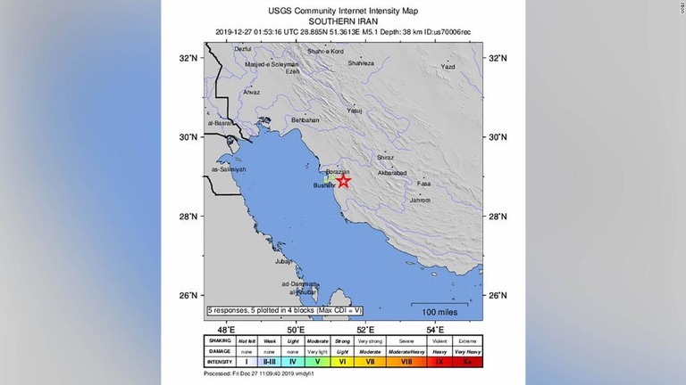 震源はイラン南西部ブシェール州ボラジャン市から南東へ４４キロの位置/USGS