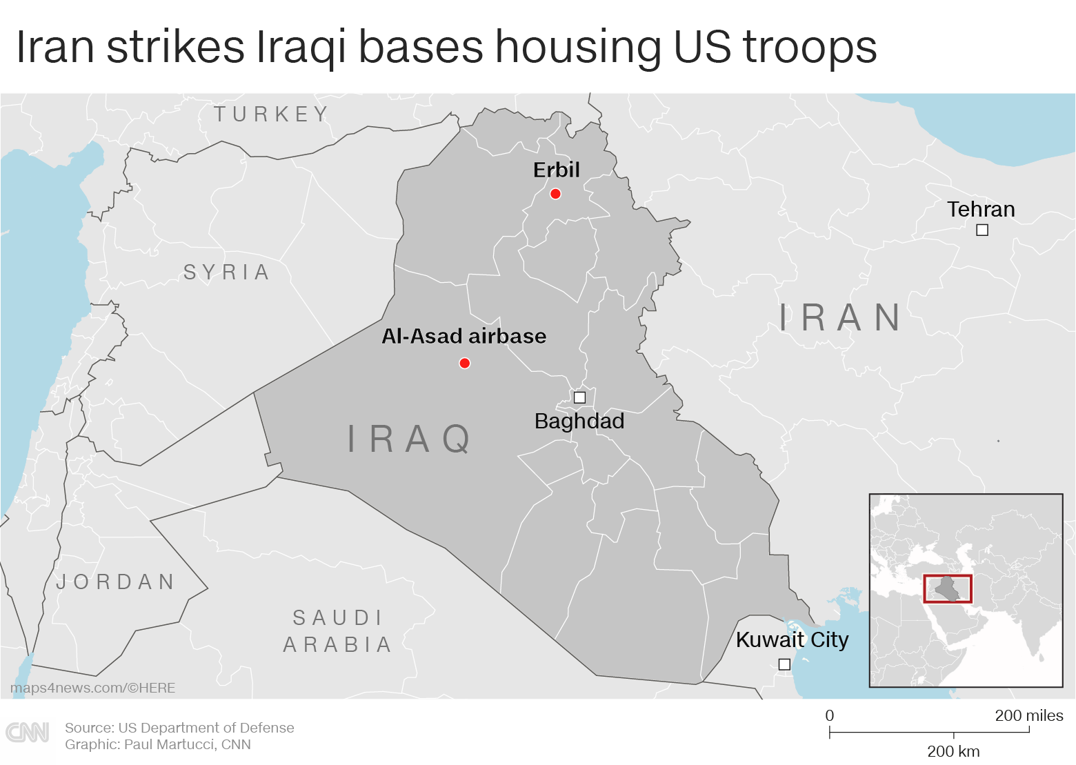 イラク西部アサド空軍基地と北部アルビルにイランのミサイルの標的となった/Source:US Department of Defense, Graphic: Paul Martucci, CNN