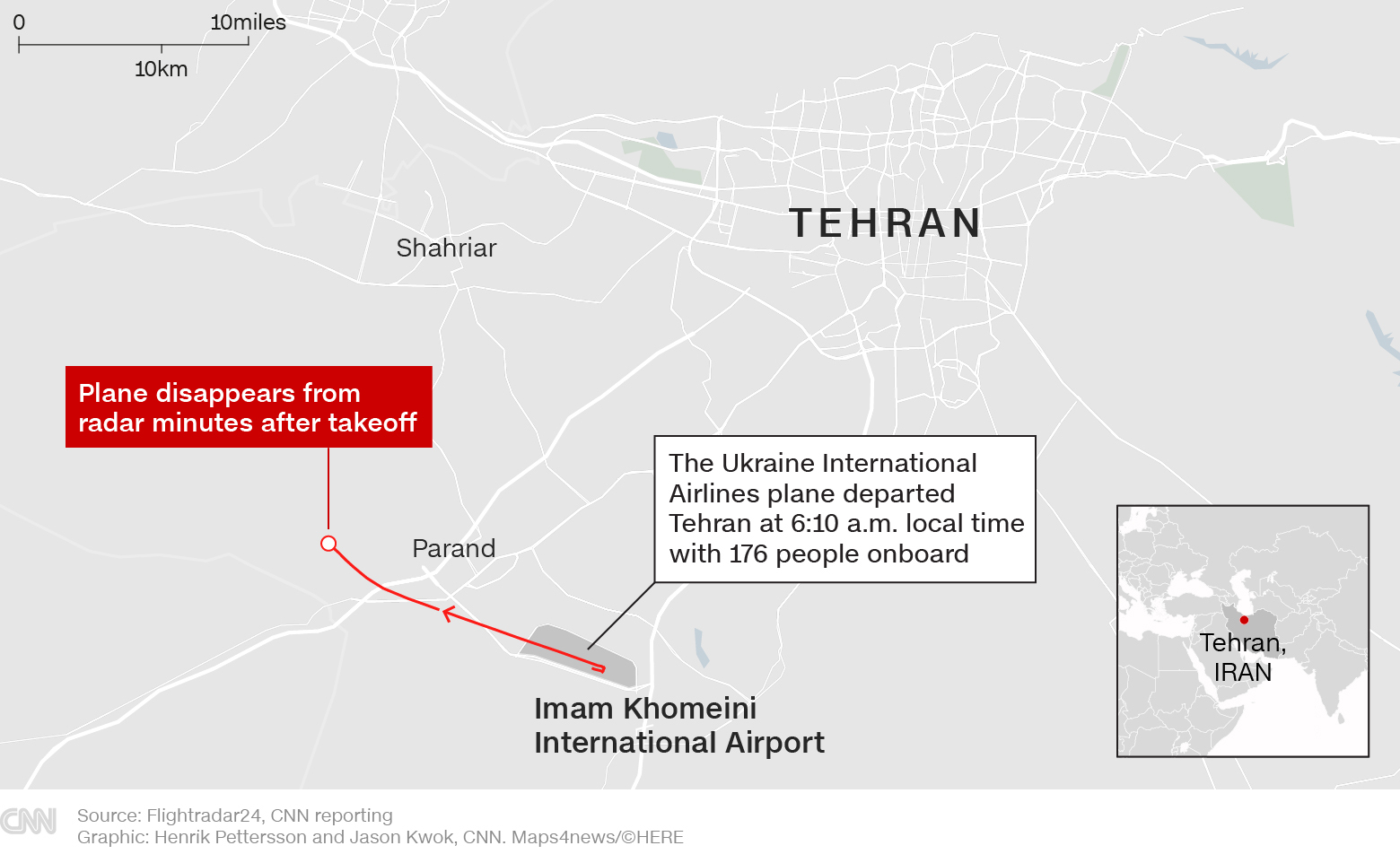 旅客機は離陸後まもなく墜落した/Source: Flightradar24, CNN reporting, Graphic: Henrik Pettersson and Jason Kwok, CNN. Maps4news/HERE