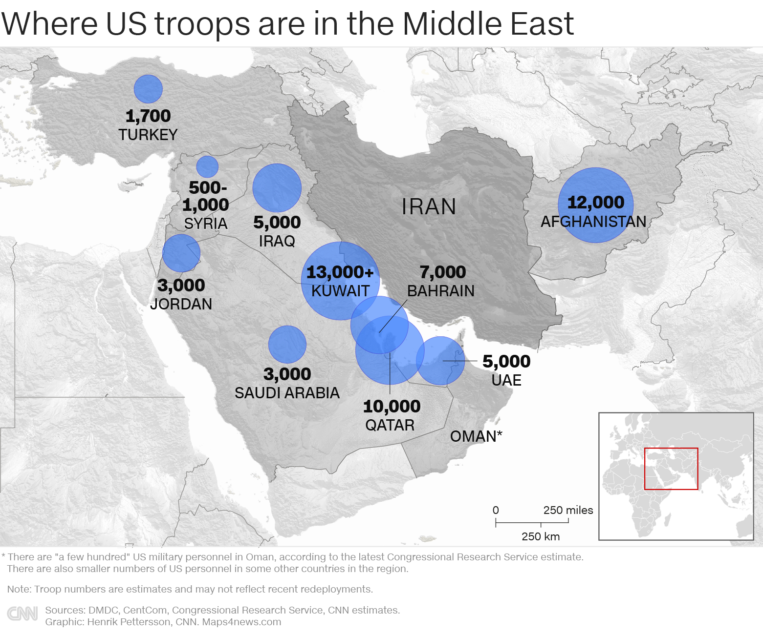 イラン周辺国に展開する米軍兵士の数。米議会調査局によると、上記のほかオマーンに数百人、他の諸国にもより少ない人数の要員が展開する。兵士数は推定値で、最近の再配置は反映されていない可能性がある/Sources: DMDC, CentCom, Congressional Research Service, CNN estimates. Graphic: Henrik Pettersson, CNN. Maps4news.com