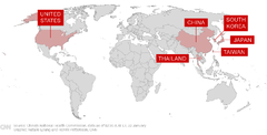 感染は世界に広がりを見せており、タイ、日本、韓国、台湾、米国で感染者を確認
