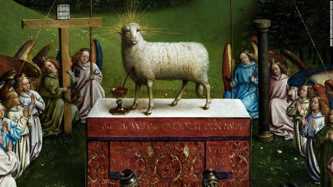 子羊を描いた１５世紀ベルギーの祭壇画の復元が進んでいる