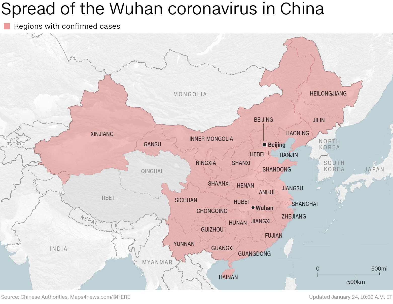 感染者が確認された地域。内陸部の青海省とチベット自治区を除く国内全域に拡大/Source: Chinese Authorities, Maps4news.com/HERE