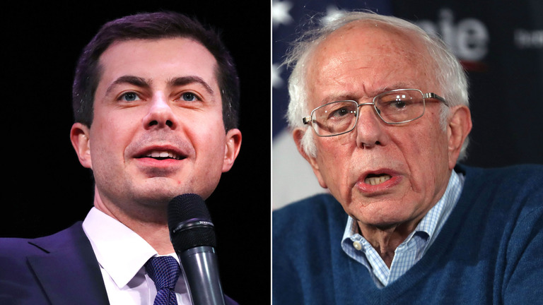ニューハンプシャー州で行われた民主党指名候補争いの世論調査で、サンダース氏（右）がリードしていることが分かった。ブダジェッジ氏（左）も追い上げをみせている/Spencer Platt/Justin Sullivan/Getty Images