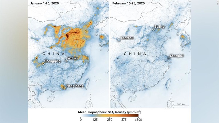 ＮＡＳＡが公開した衛星画像。中国上空で二酸化窒素が大幅に減少した様子を捉えている/NASA