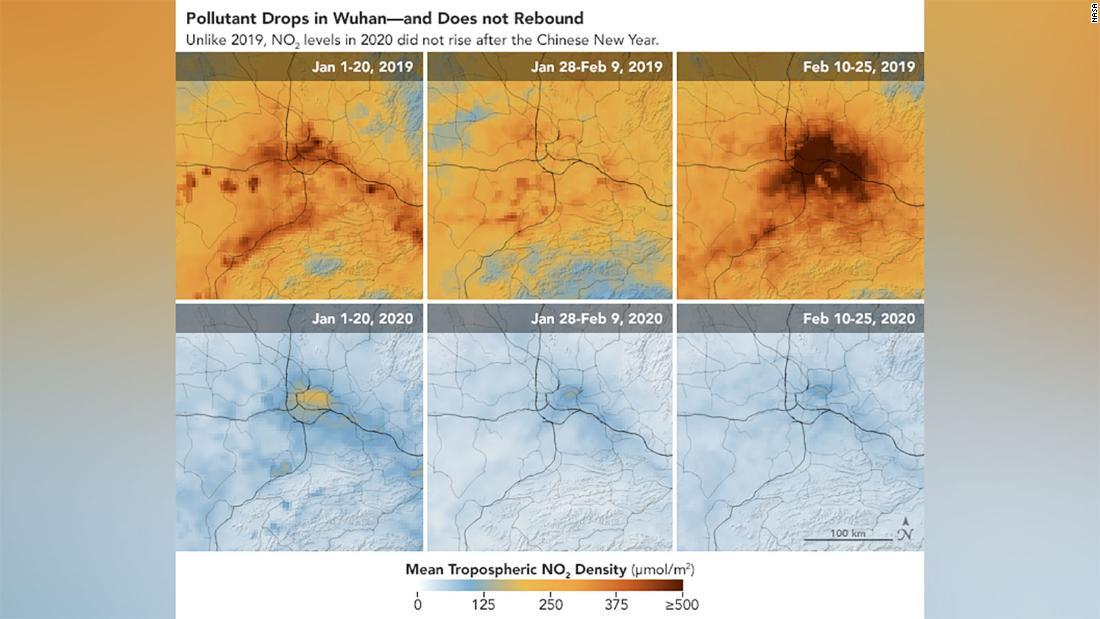 武漢上空を捉えた画像。汚染物質の量が減少したことが示されている /NASA