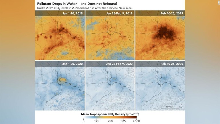 武漢上空を捉えた画像。汚染物質の量が減少したことが示されている /NASA