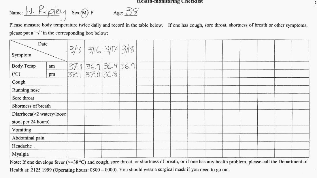香港で渡されたチェックリスト。１日２回の検温を行うようにとのアドバイスがあり、症状が出た場合には保健当局に連絡するよう求めている/CNN