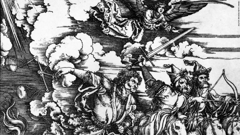 １５００年ごろに描かれた聖書の「ヨハネの黙示録」の挿絵/Hulton Archive/Getty Images