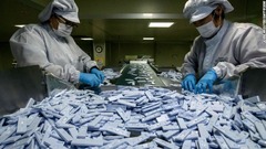 新型コロナウイルスの診断に使われた検査キットを調べる作業員＝２７日、韓国