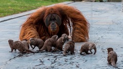 オランウータンの飼育舎を流れる川で、コツメカワウソの一家が遊べるようにしたところ、交流が始まったという