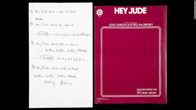ポール・マッカートニー直筆の「ヘイ・ジュード」の歌詞が約９８００万円で落札された/@JuliensAuctions/Twitter