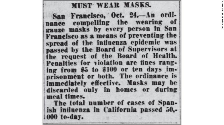 １９１８年１０月２４日、米サンフランシスコでマスク着用を義務付ける法令が出された/San Francisco Chronicle