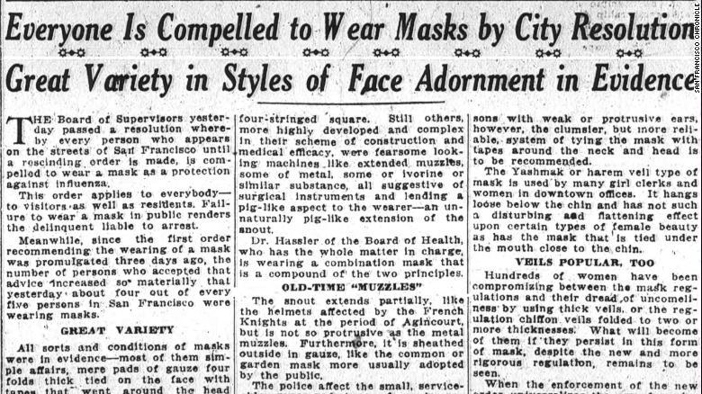 サンフランシスコ・クロニクル紙が掲載したマスク着用に関する1918年10月25日付の記事/San Francisco Chronicle