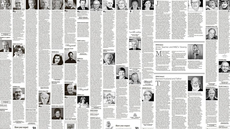 １９日のボストン・グローブ紙には１６ページにわたり訃報や死亡広告が掲載された/Boston Globe
