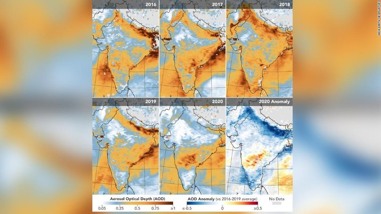 ロックダウン開始以降、エアロゾルの値が著しく低下したことがわかる/NASA Earth Observatory