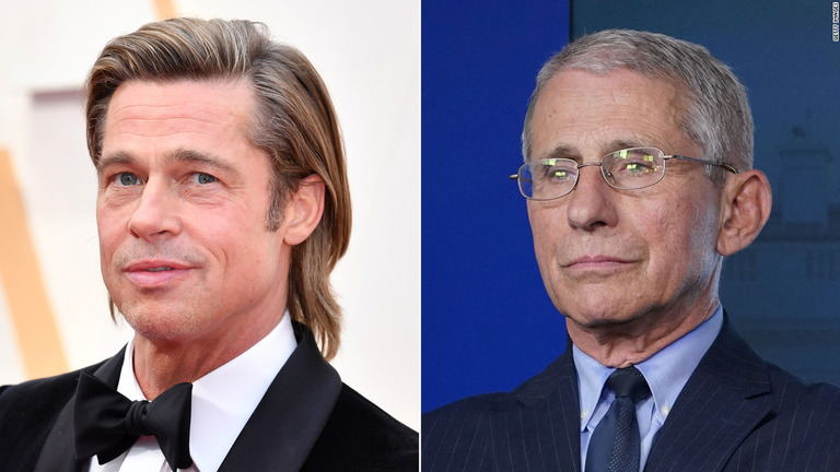 俳優のブラッド・ピット（左）が、国立アレルギー・感染症研究所のアンソニー・ファウチ所長に扮してコメディー番組「サタデー・ナイト・ライブ」に登場した/Getty Images