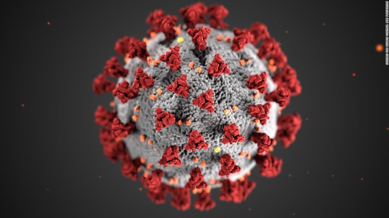 ＣＤＣによる新型コロナウイルスのイラスト。赤いスパイクはウイルスが人間の細胞に結合する手段となるタンパク質を表している/Centers for Disease Control and Prevention