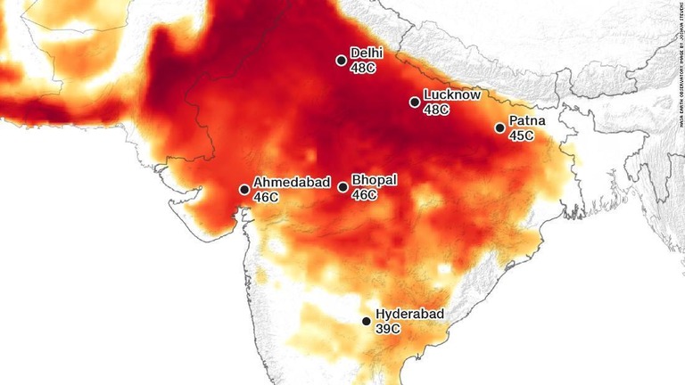 インドは過酷な気温の下で暮らす人口が最も多い国の１つになると予想される/NASA EARTH OBSERVATORY IMAGE BY JOSHUA STEVENS 