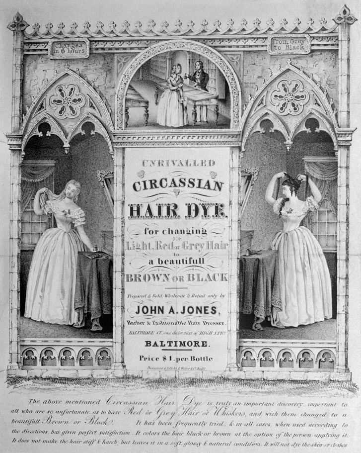 美しいブラウンやブラックの髪になるとうたう１８４３年の広告/Bettman Archive/Getty Images