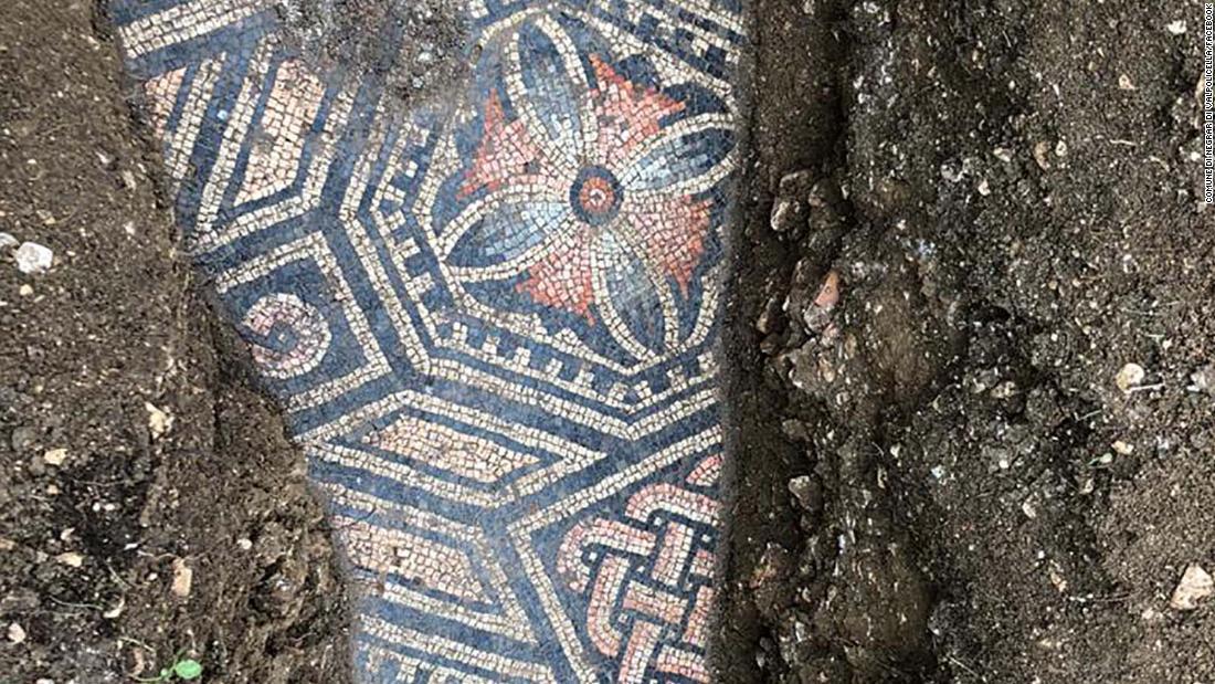 ブドウ畑の地面から現れた古代ローマ時代のモザイク床