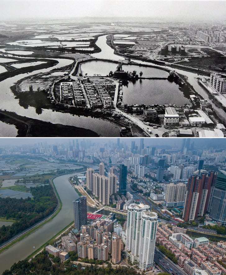 １９８０年代以降、急速な都市化を経て深センの景観は一変した/Xinhua/Alamy