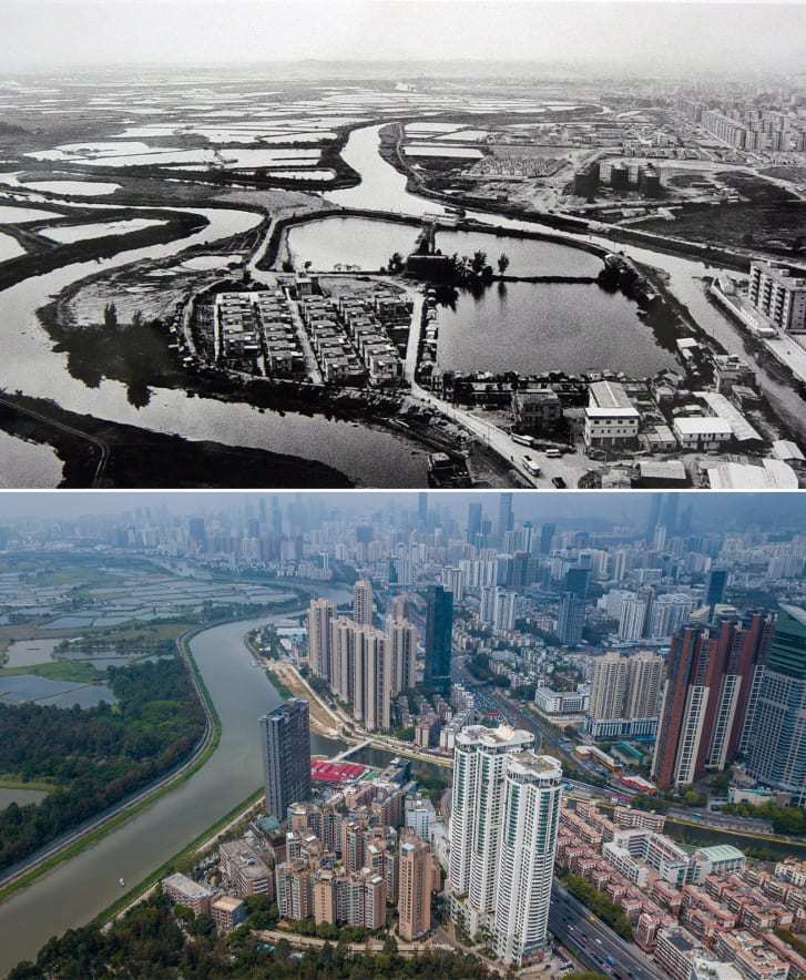 1980年代以降、急速な都市化を経て深センの景観は一変した/Xinhua/Alamy