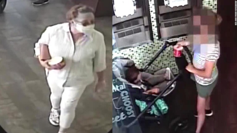 警察が公開した映像。６０代の白人女性（左）と被害に遭った母子が映っている/San Jose Police Department