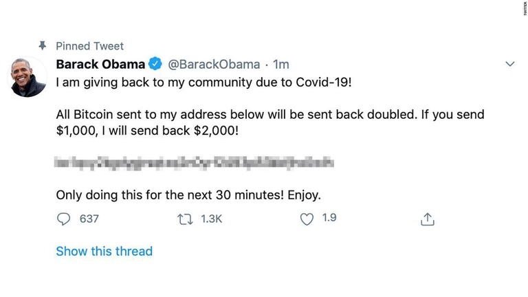 オバマ前大統領の公式アカウントでも同様の送金を促す不正投稿があった/Twitter