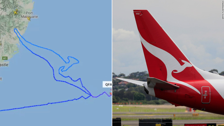 豪カンタス航空最後のボーイング７４７型機が最後のフライトでカンガルーの巨大なロゴマークを描き出した/Qantas/Flightradar24/Getty Images