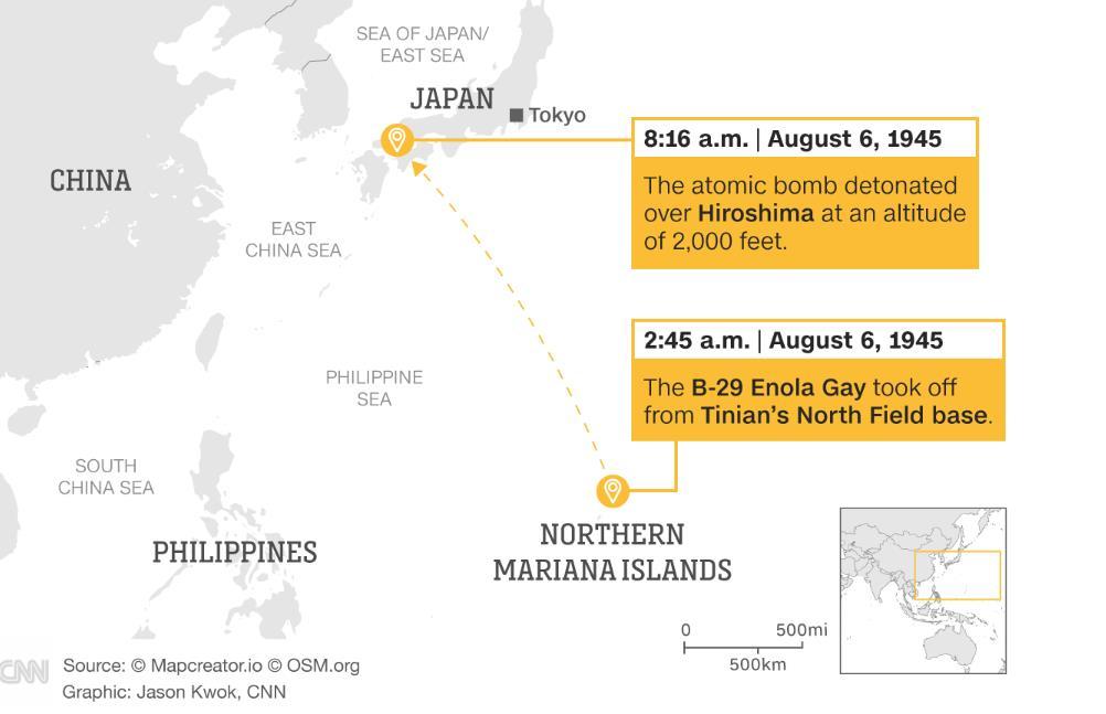 １９４５年８月６日、テニアン島から広島までのＢ２９爆撃機の飛行経路