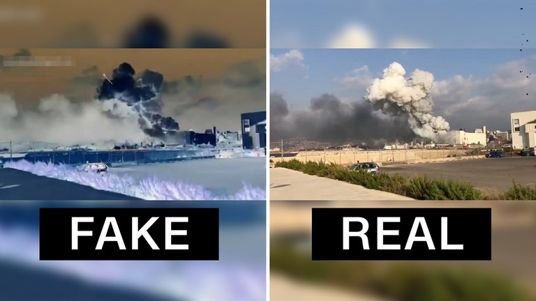 ベイルートでの爆発の映像を細工した動画がＳＮＳ上で配信されていることがわかった（写真左が改変されたもの）
/CNN