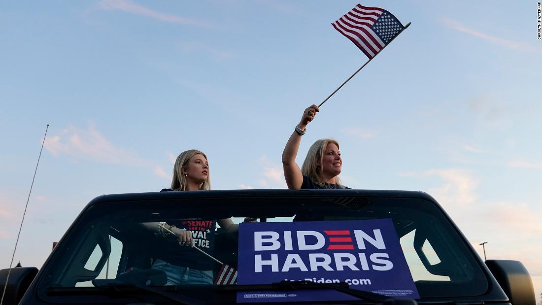 民主党の正副大統領候補の名が書かれたボードを車のフロントガラスに立てかけ、米国旗を振る女性ら/Carolyn Kaster/AP