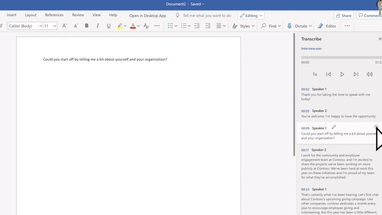 米マイクロソフトが講義などの会話をワード内に書き起こす機能の提供を開始した/Microsoft