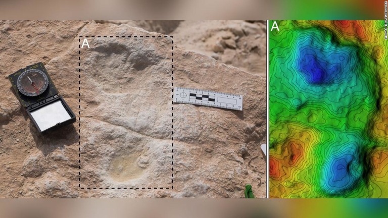 ヒトと思われる足跡（写真左）とその数値標高モデル（写真右）/Stewart et al./EurekAlert!