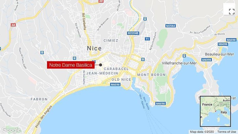 南仏ニースの中心部の教会付近で刃物の襲撃事件が発生/Google Maps