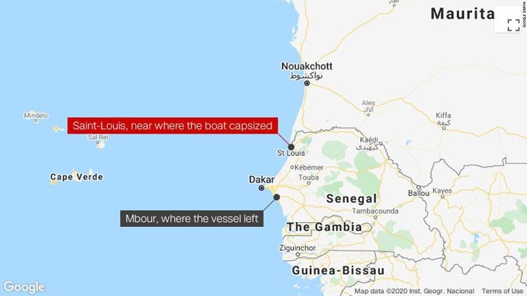 移民船はセネガル西部のセントルイス近くで転覆したとみられている/Google Earth