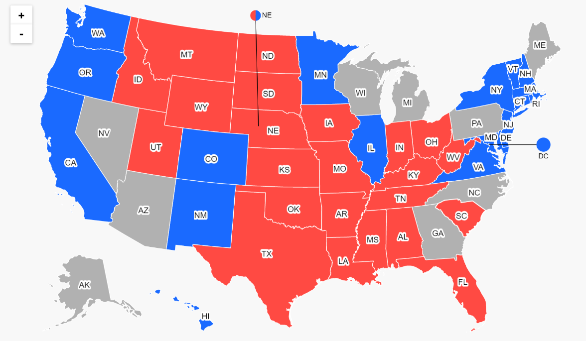 日本時間４日午後８時半現在のＣＮＮの選挙人獲得予想。青色はバイデン氏、赤色はトランプ氏が勝利を確実にした州や地区/CNN