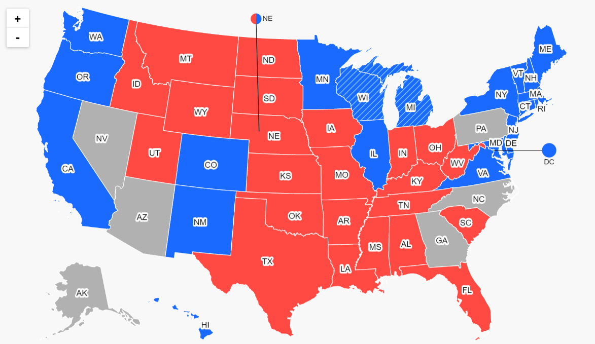 日本時間５日午前７時半現在のＣＮＮの選挙人獲得予想。青色はバイデン氏、赤色はトランプ氏が勝利を確実にした州や地区/CNN/CNN