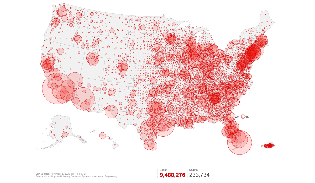 新型コロナの累積感染確認数の郡別の分布。米東部時間１１月５日午前５時４５分作成/CNN/Source: Johns Hopkins University Center for Systems Science and Engineering