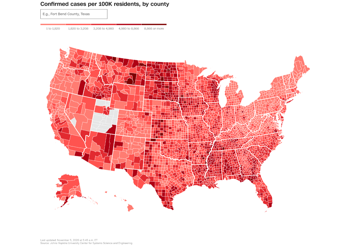 人口１０万人当たりの新型コロナウイルスの累積感染症例数の郡別の分布。米東部時間１１月５日午前５時４５分作成/CNN/Source: Johns Hopkins University Center for Systems Science and Engineering