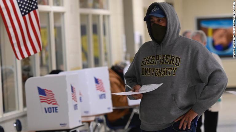 バージニア州ウィンチェスターで投票日の早い時間帯に投票する市民/Andrew Caballero-Reynolds/AFP/Getty Images