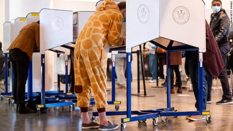 ニューヨークのブルックリン博物館でキリン柄の服装で投票を行う有権者＝１０月３１日/Noam Galai/Getty Images